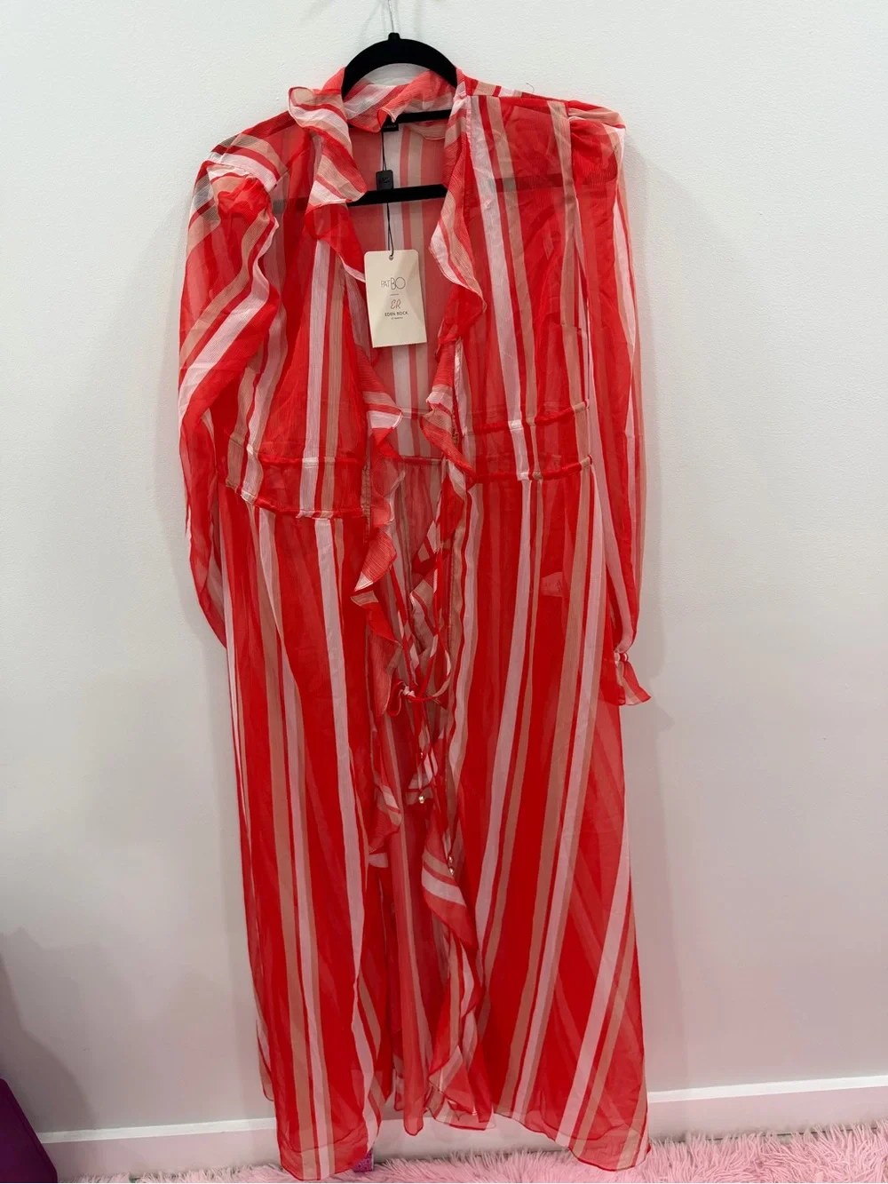 PatBO Red and White Striped Sheer Ruffle Robe Cover
